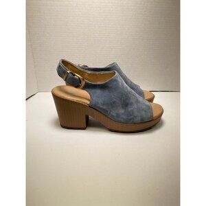 Dr. School's Women's blue Leather Buckle Peep Toe Wedge Sandal Sz 11